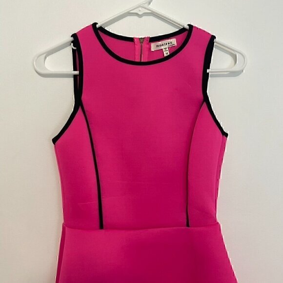 NEW NWT MONTEAU Neon Pink w/ Black Trim Sleeveless Mini Scuba Fit & Flare Dress - Picture 3 of 14